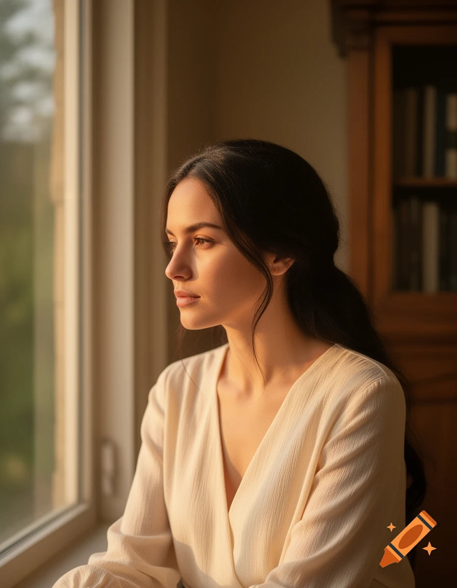 A pensive young woman with dark hair looks out a sunlit window from indoors, wearing a light-colored top.