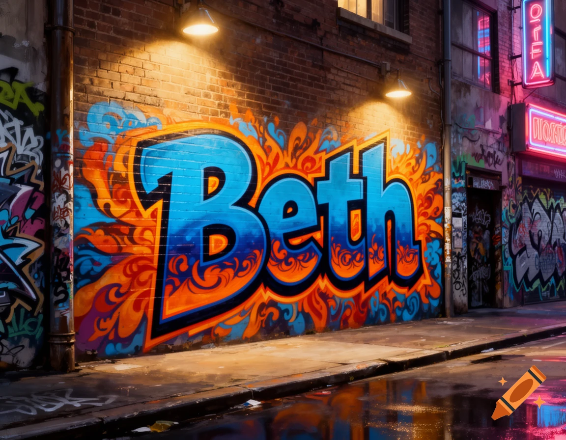 A colorful graffiti mural spelling "Beth" on a brick wall in a dark, wet alleyway with neon signs and streetlights.