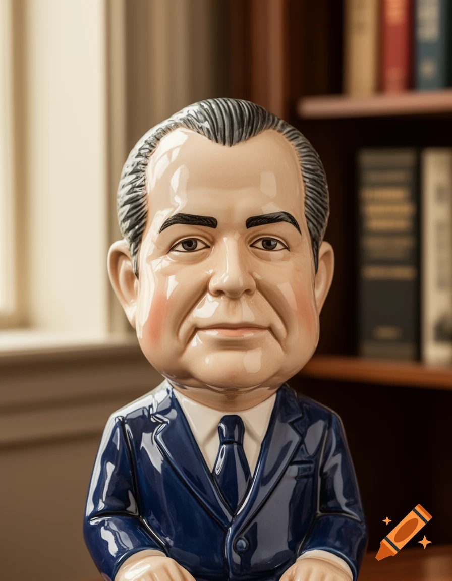 A glossy ceramic bust resembling Richard Nixon in a dark blue suit, against a blurry background of a window and bookshelves.