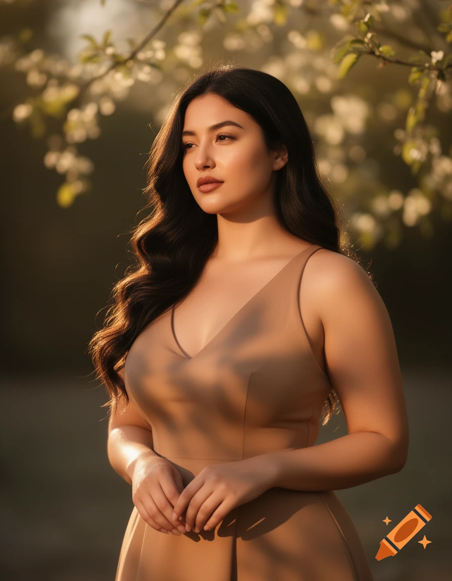 A photorealistic portrait of a young woman in a beige dress, standing in soft sunlight with blurred blooming trees behind her.