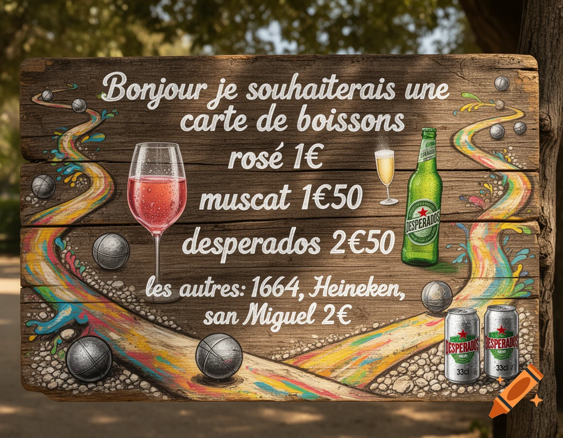 A rustic wooden sign with a drink menu in French, featuring a glass of rosé, a bottle of Desperados, and pétanque balls, set outdoors.