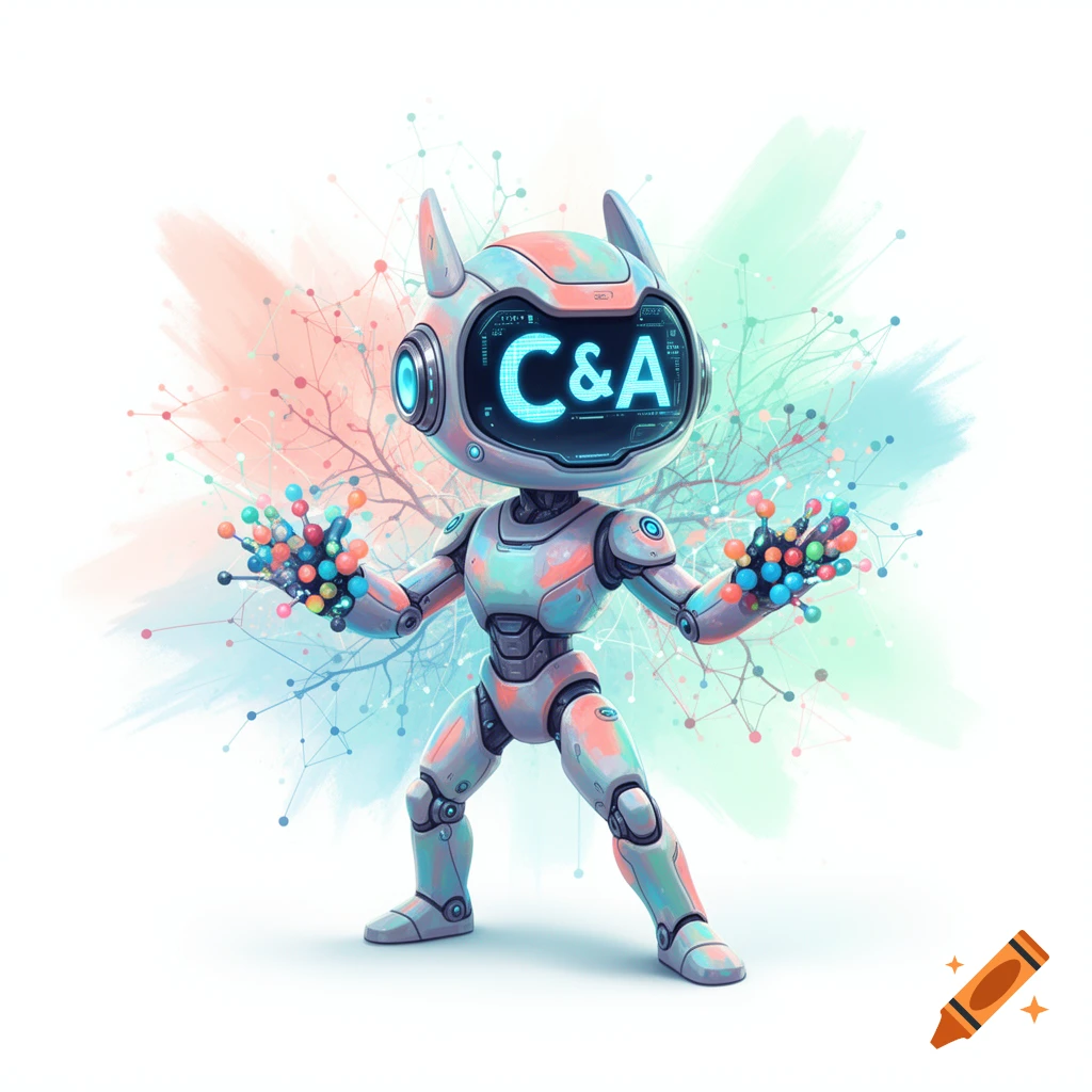 A cute, colorful robot mascot with 'C&A' on its screen, holding vibrant molecular structures against a pastel, abstract background.