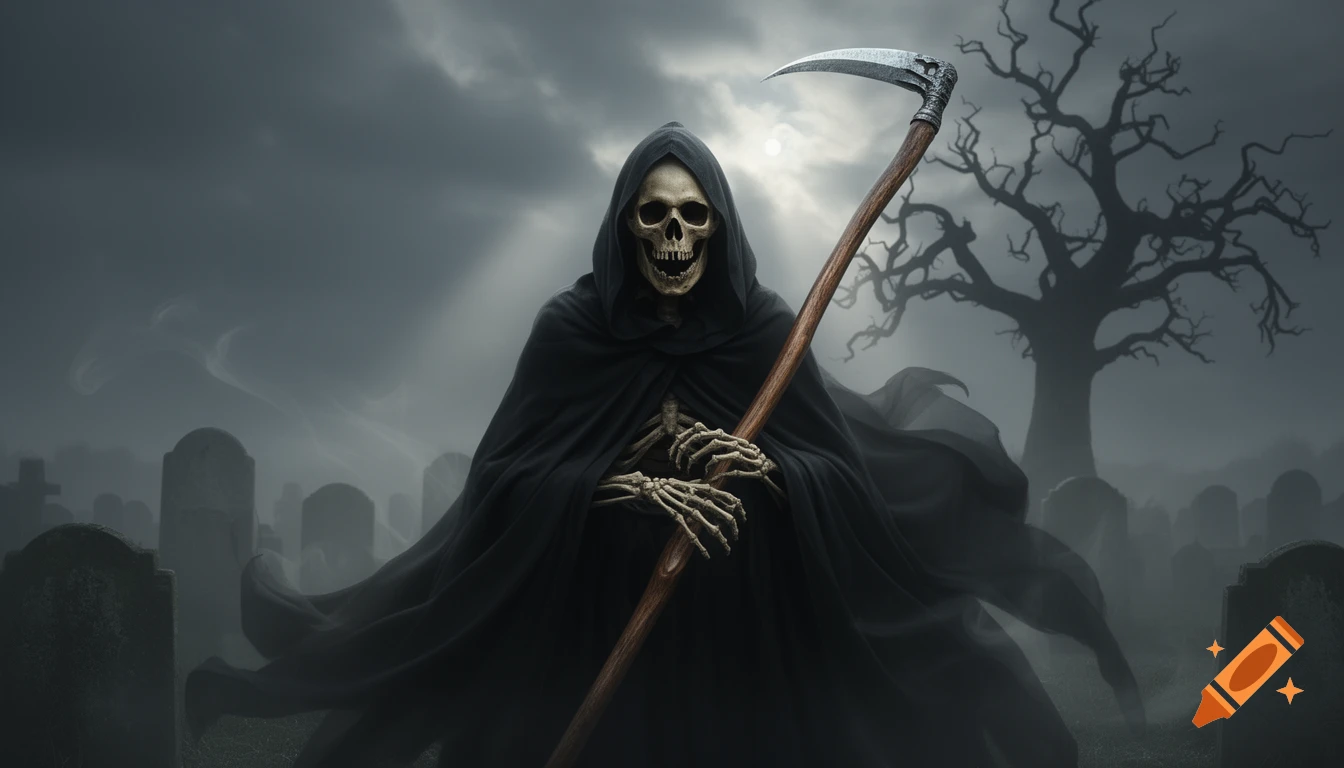 The Grim Reaper, a skeletal figure in a dark hooded robe, stands menacingly in a misty graveyard holding a scythe, with a bare tree and moon in the background.