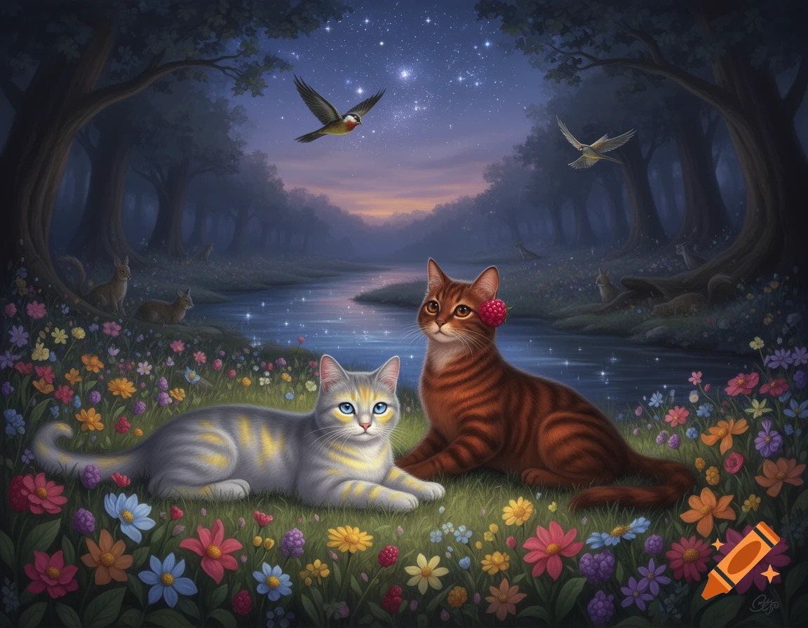 Two cats rest in a magical forest clearing at twilight, surrounded by colorful flowers and a sparkling river under a starry sky, digital painting.
