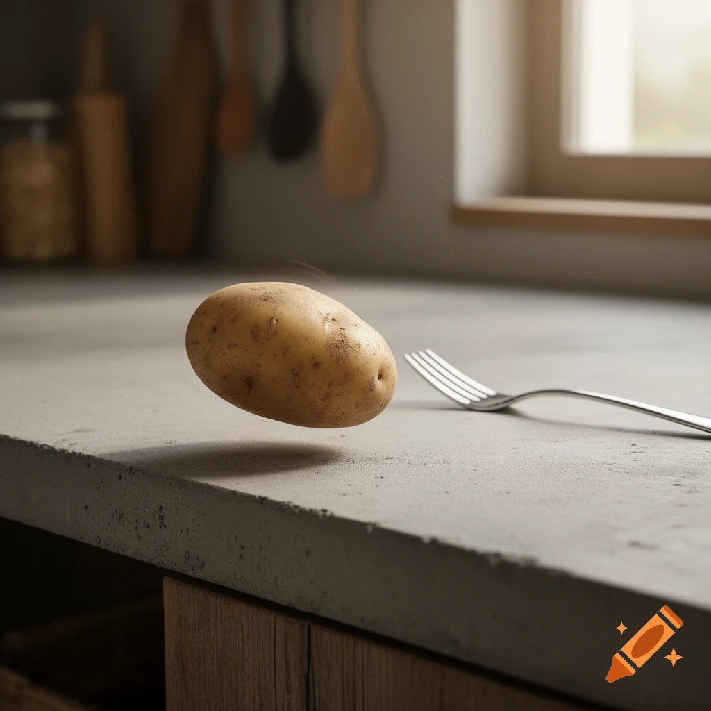 A photorealistic potato levitating above a concrete kitchen counter with a fork lying nearby.