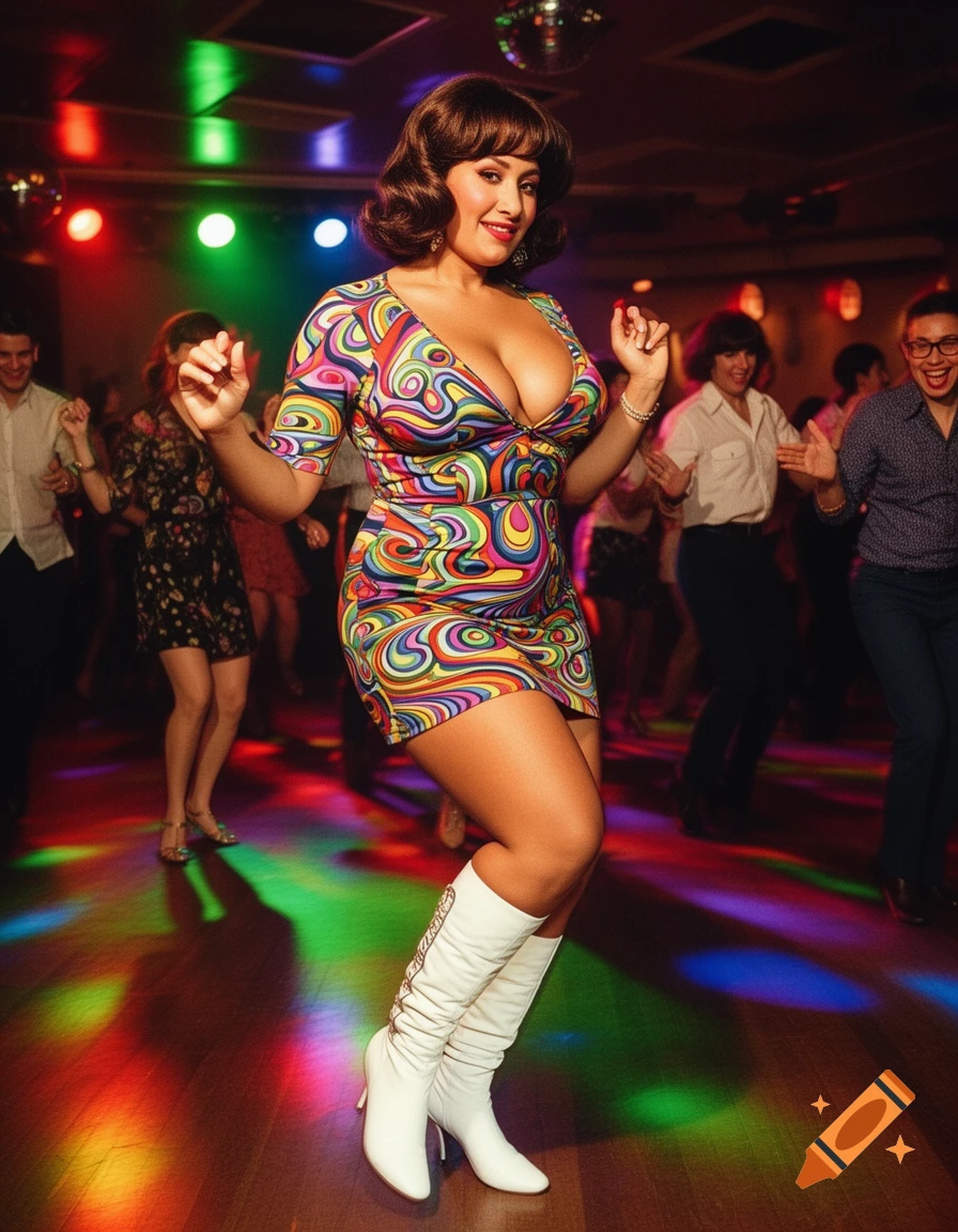 A busty woman in a psychedelic mini dress and white go-go boots dances at a disco, colorful lights reflecting on the floor.
