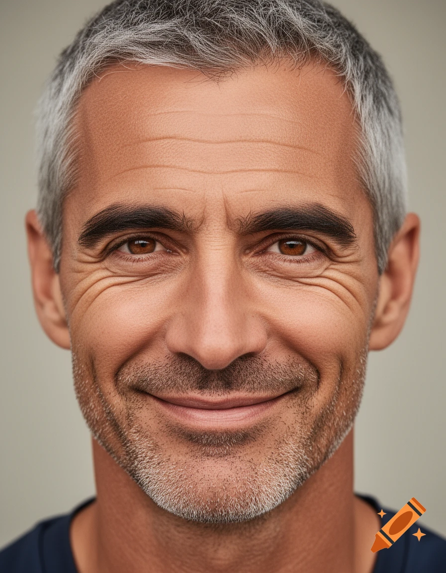 Close-up photographic portrait of a smiling middle-aged man with graying hair and stubble, on a neutral background.