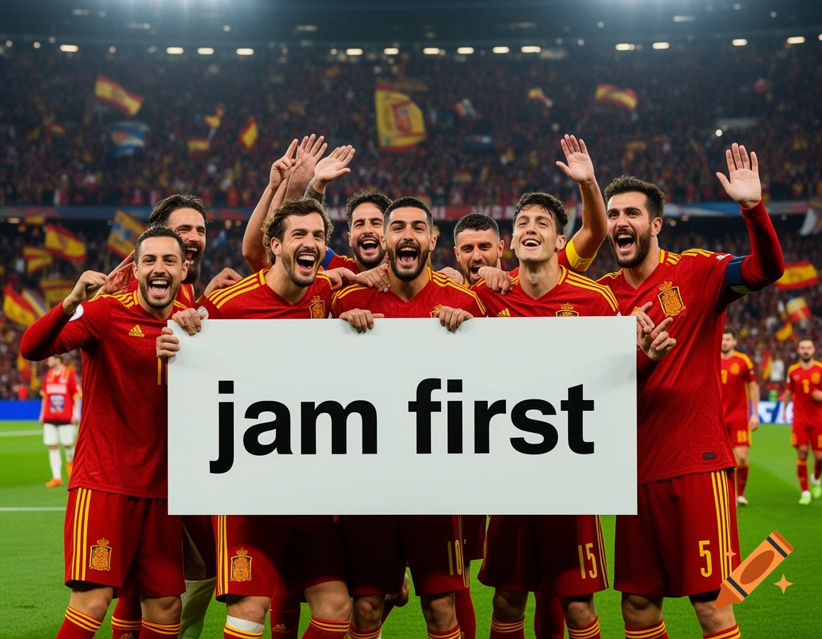 Spanish football players in red jerseys celebrate on a field in a stadium, holding a white sign that reads "jam first".
