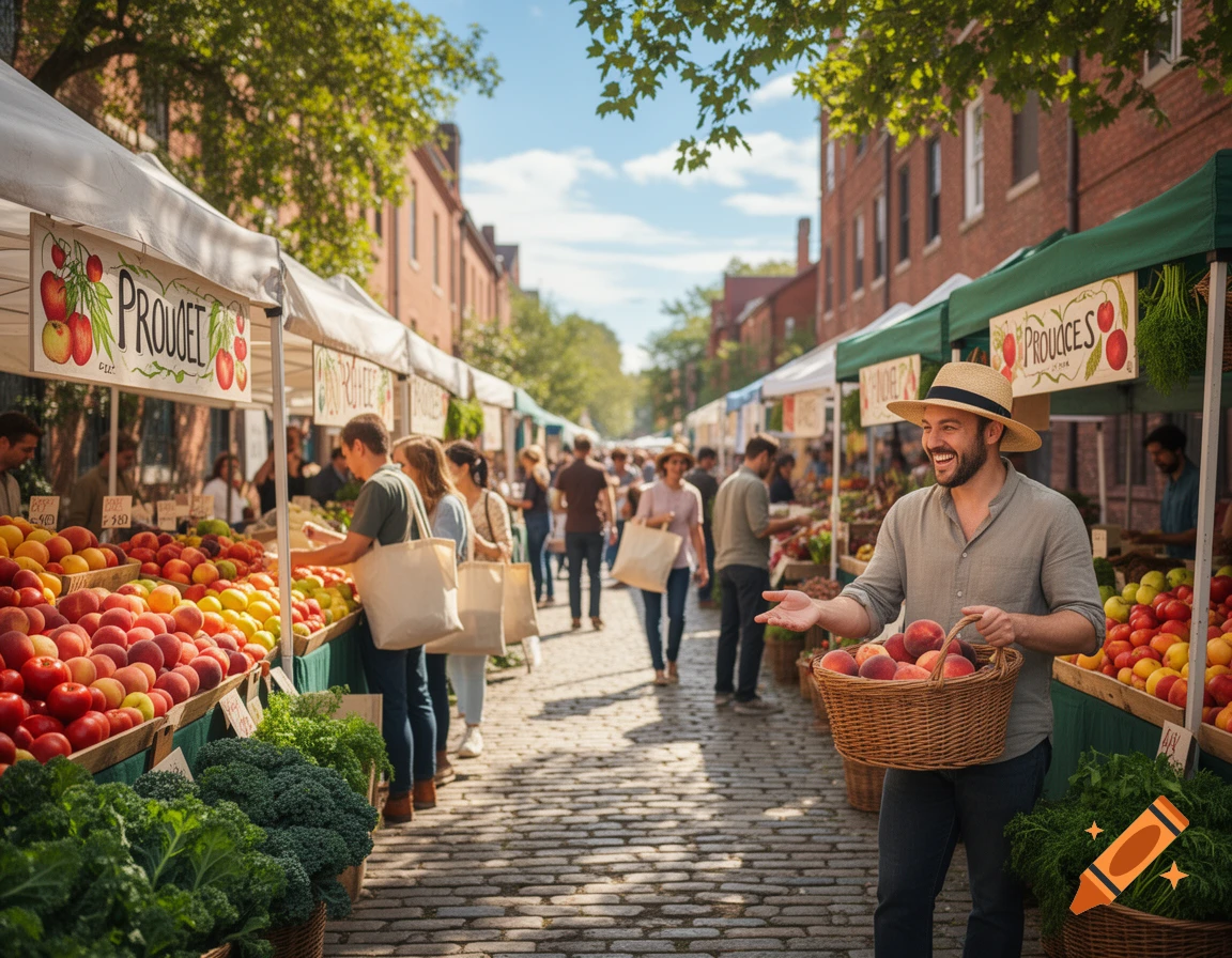 A bustling outdoor farmers market with vendors selling fresh fruits and vegetables under white tents, with people browsing.