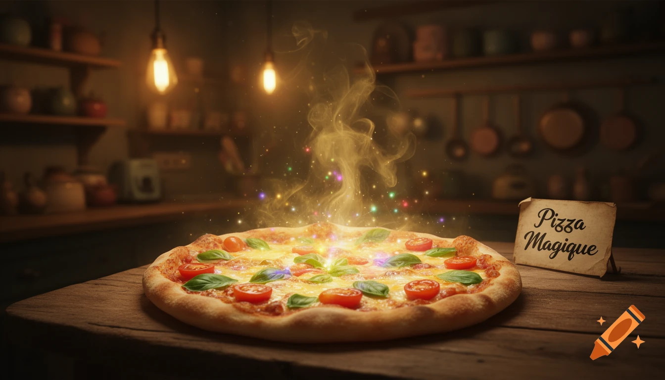 A close-up of a steaming, glowing pizza with tomatoes and basil, on a wooden table in a dimly lit kitchen, with a sign saying "Pizza Magique".