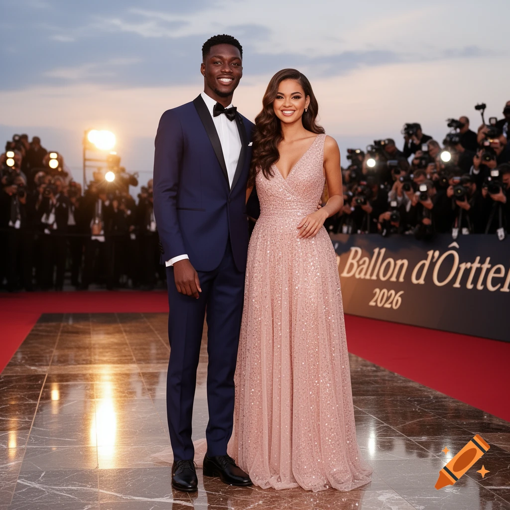 A man in a navy tuxedo and a woman in a pink sequined gown pose on a red carpet with a 'Ballon d'Ortter 2026' sign.