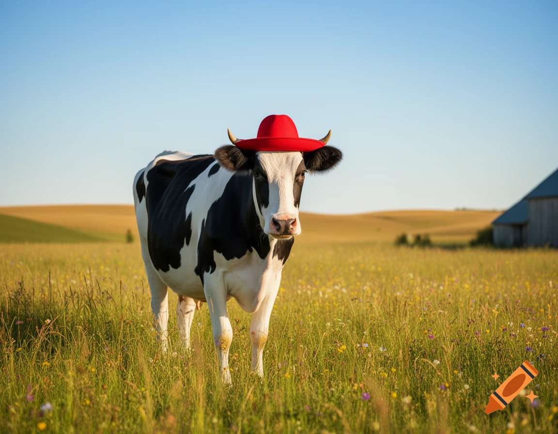 A black and white cow wearing a red cowboy hat stands in a sunlit green field with wildflowers and a distant barn.
