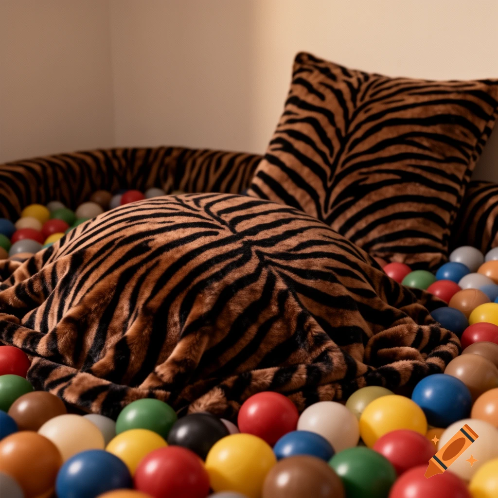 A ball pit filled with colorful balls, featuring a fluffy tiger-striped blanket and pillow.
