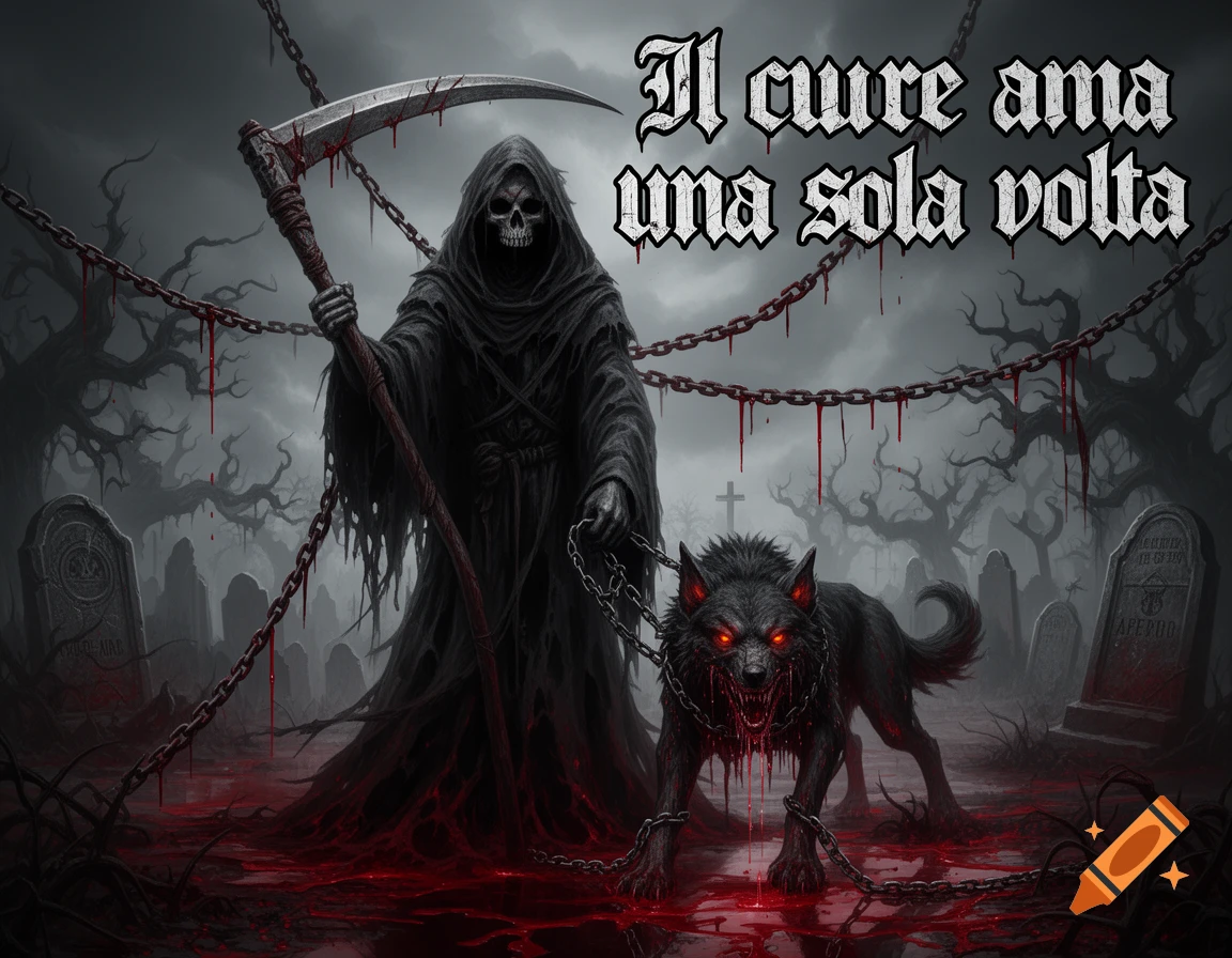 A grim reaper with a scythe and a chained, glowing-eyed hellhound stands in a blood-soaked cemetery under a stormy sky, with text overhead.