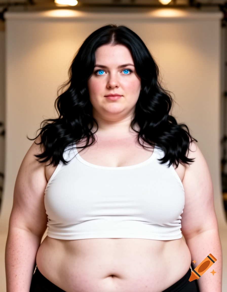 A plus-size woman with black hair and striking blue eyes wearing a white cropped tank top in a studio setting.