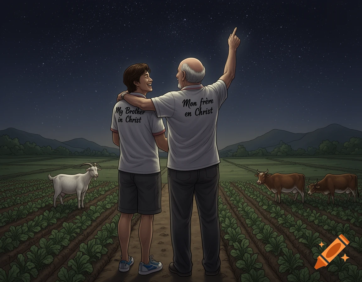 Two men from behind stand in a starry field. One points skyward. Their shirts read 'My Brother in Christ' in English and French. A goat and cows graze.