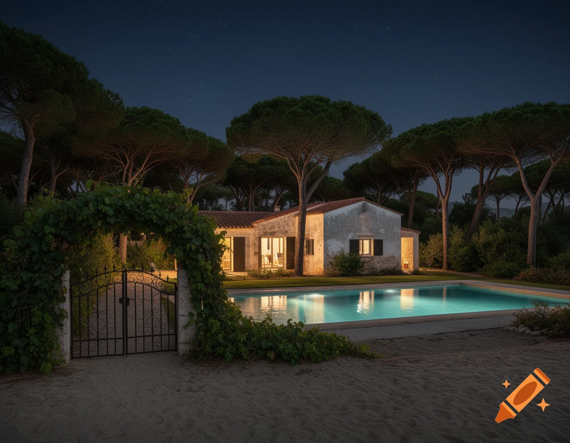 A rustic house with an illuminated pool among pine trees at night, viewed through a decorative iron gate, under a starry sky.