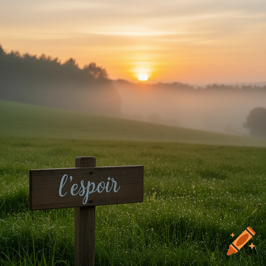 A wooden sign reading "l'espoir" in a misty, dewy green field at sunrise, with trees in the background, photorealistic.