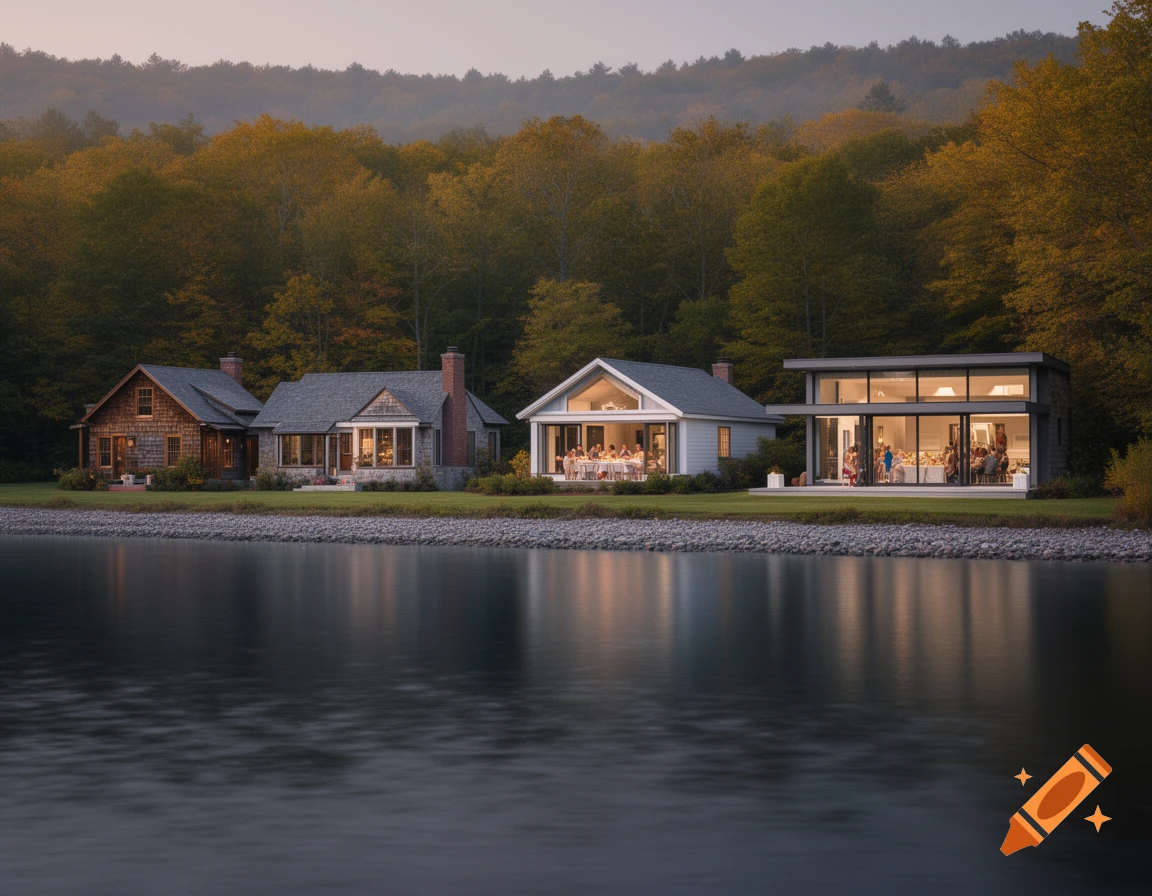Five houses, ranging from quaint to modern, sit on a lake shore with autumn trees behind them. Lights glow from within, reflecting on the dark water.
