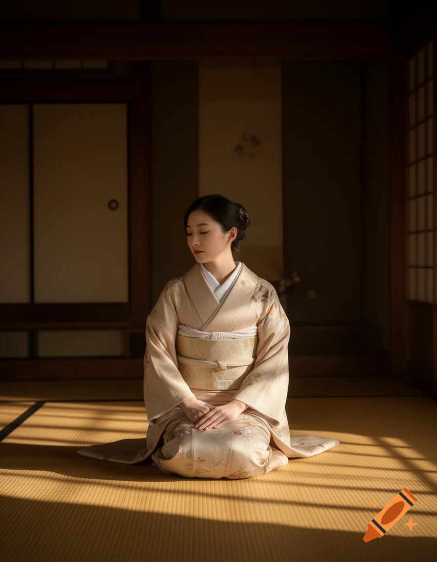 A young woman in a beige kimono kneels on tatami mats in a traditional Japanese room, striped sunlight on the floor.
