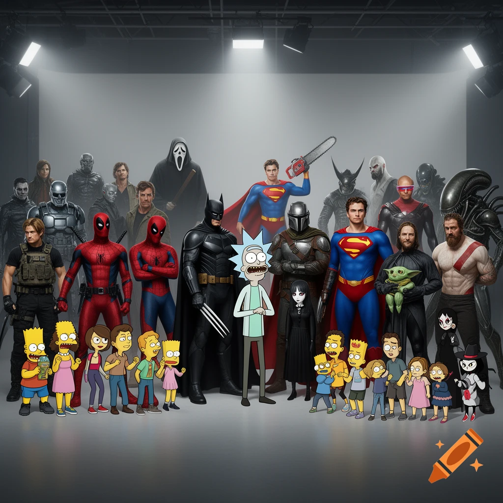 A large group of various fictional characters, including superheroes like Superman, Batman, Spider-Man, and Wolverine, cartoon characters like The Simpsons and Rick from Rick and Morty, and other iconic figures like Ghostface, the Alien, the Mandalorian and Grogu, and Wednesday Addams, standing together in a studio setting.