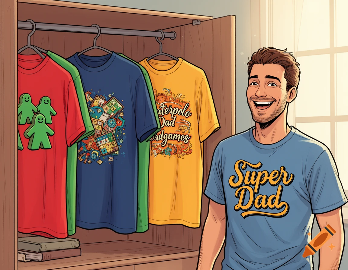A smiling man in a blue t-shirt with "Super Dad" written on it stands in front of an open wardrobe filled with colorful t-shirts, including one with green meeples, one with a board game motif, and one with "Waterpolo Dad" text.