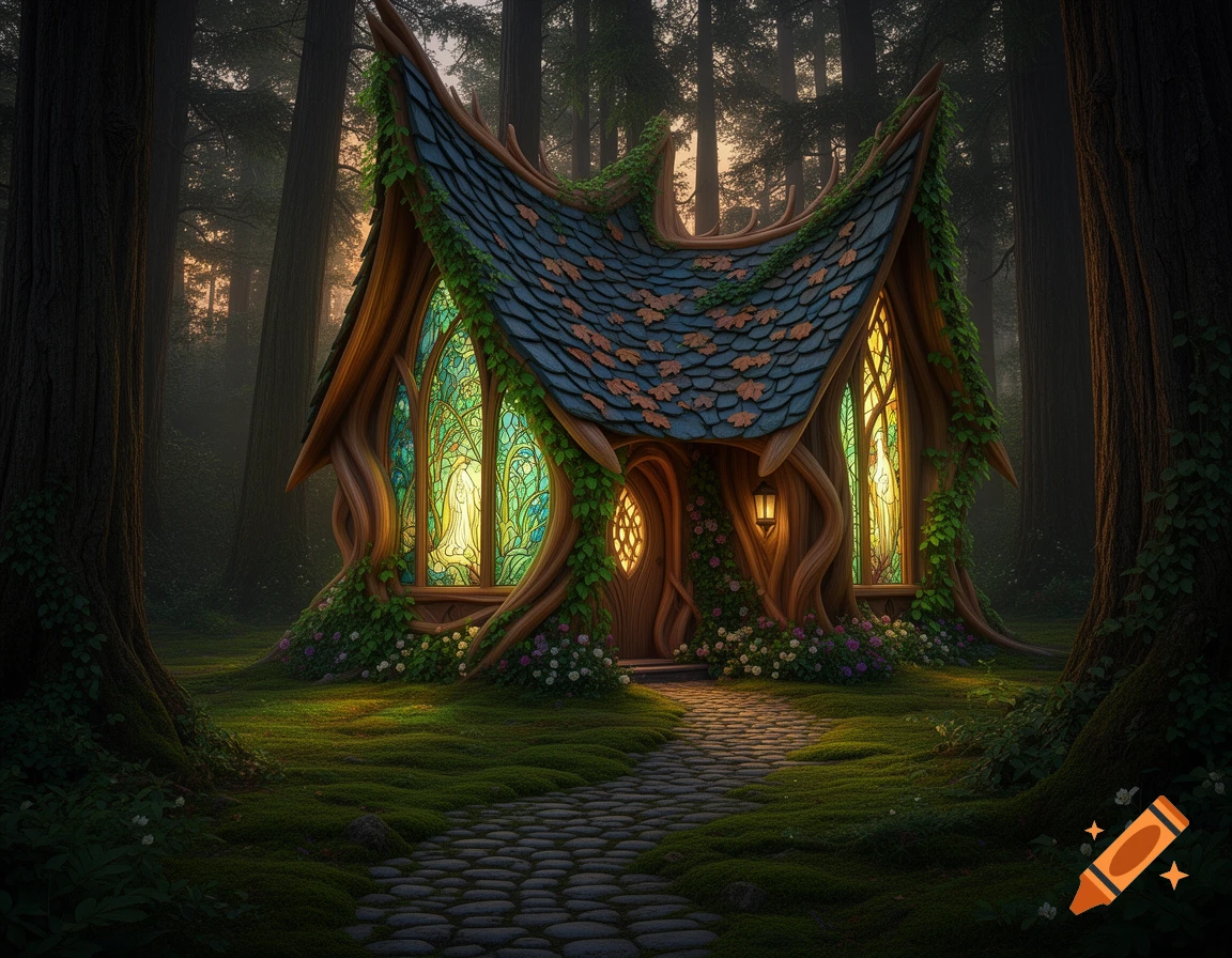 A whimsical, gnarled elf house with glowing stained-glass windows, nestled in a mossy forest path at dusk.