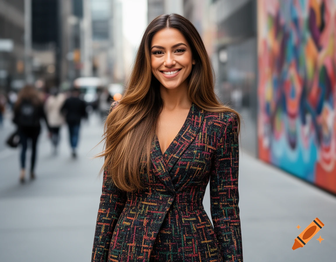 A smiling woman with long brown hair in a patterned blazer stands on a city street.