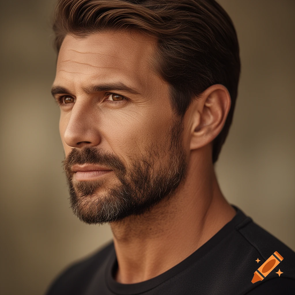 Close-up photorealistic profile of a man with brown hair, a beard, and brown eyes, looking right.