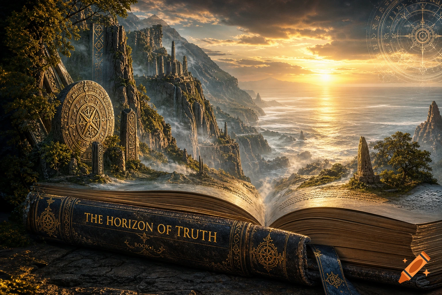 An ancient, open book titled 'The Horizon of Truth' rests on a rocky cliff overlooking a dramatic, misty coastal fantasy landscape with ruins and a golden sunset.