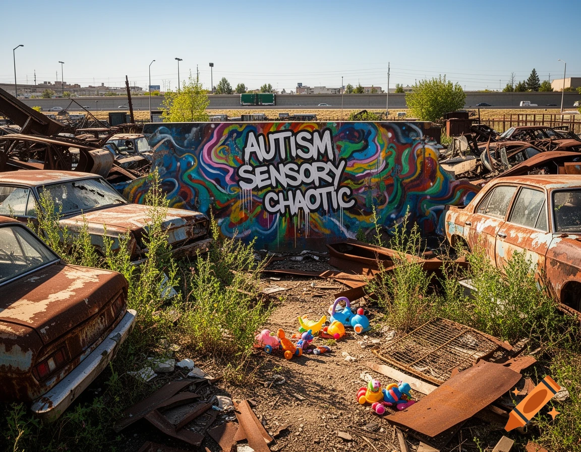 Photorealistic junkyard scene with rusty cars, colorful 'AUTISM SENSORY CHAOTIC' graffiti on a wall, and scattered toys.
