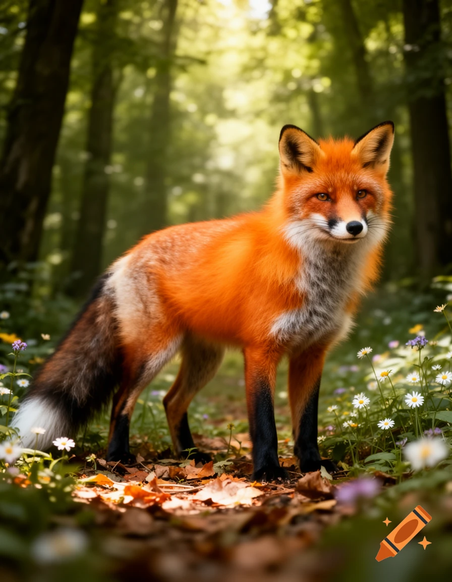 A photorealistic red fox stands in a sunlit forest clearing among white and purple wildflowers and fallen leaves.