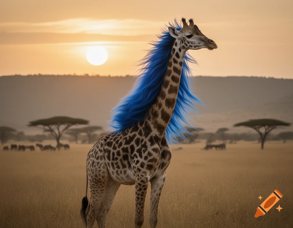 A photorealistic giraffe with vibrant blue hair stands in a golden savanna at sunset.