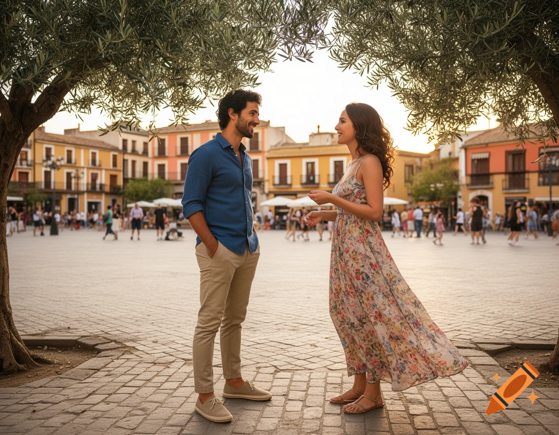 A man and a woman in a sunlit European town square, facing each other and talking. The man wears a blue shirt and khaki pants, the woman a floral dress.