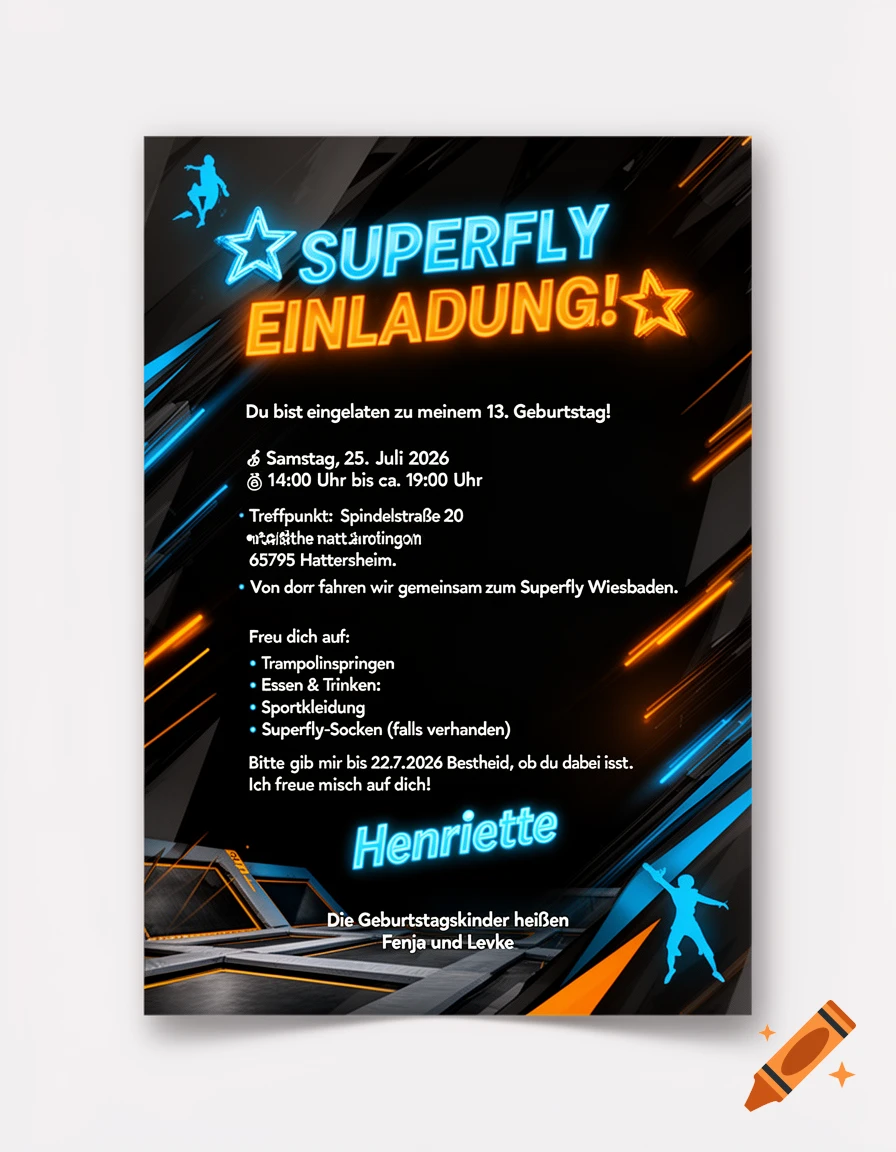 Modern neon-themed invitation card for a 13th birthday party at a Superfly trampoline park, featuring blue and orange glowing text and abstract shapes on a black background.