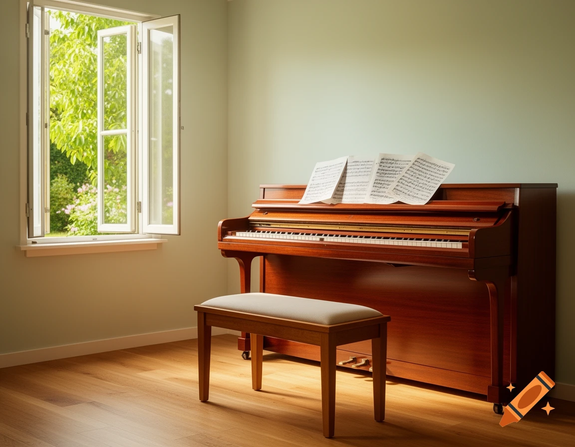 A warm, sunlit room features a dark wood upright piano with sheet music on top, positioned near an open window overlooking green trees and foliage.