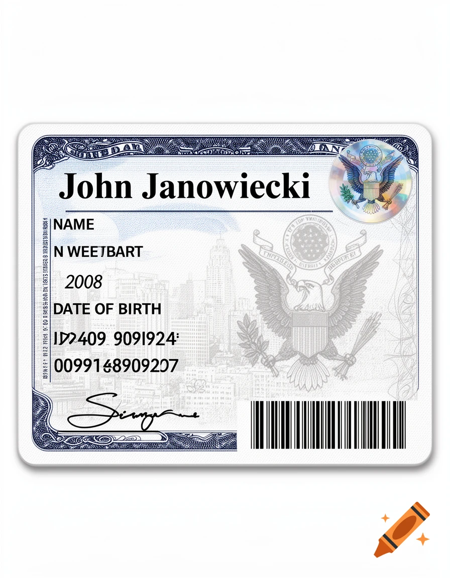 A mock US identification card for John Janowiecki, born in 2008, featuring an eagle emblem, text fields, signature, and barcode.