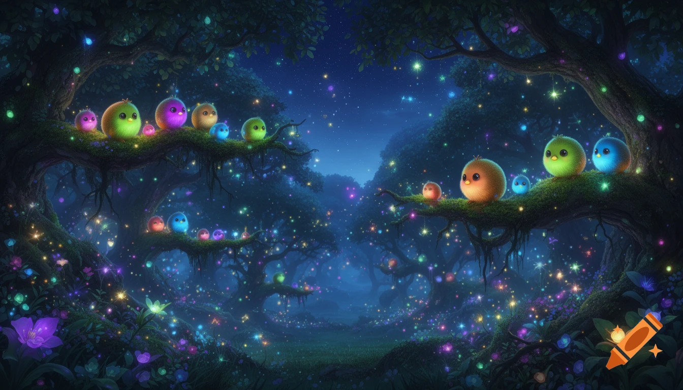 Vibrant digital art of cute, glowing creatures on mossy tree branches in a magical enchanted forest at night, filled with sparkling fairy lights.