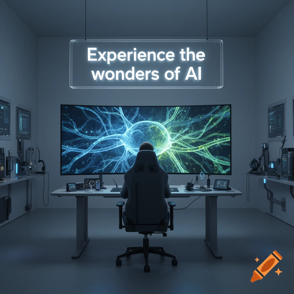 Person views a large screen showing a neuron, with 'Experience the wonders of AI' sign in a futuristic room. Photorealistic style.