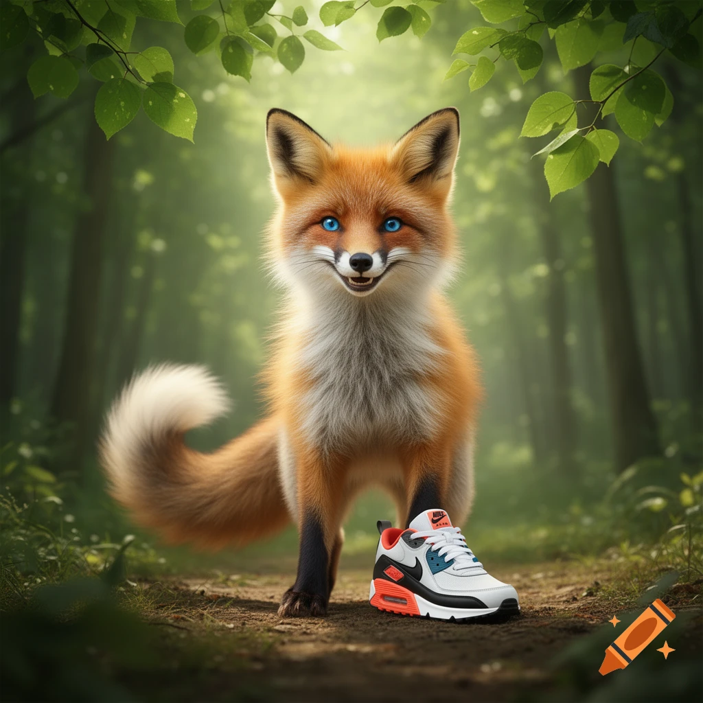 A cute, photorealistic anthropomorphic fox with bright blue eyes smiles in a forest, wearing one Nike Air Max sneaker.