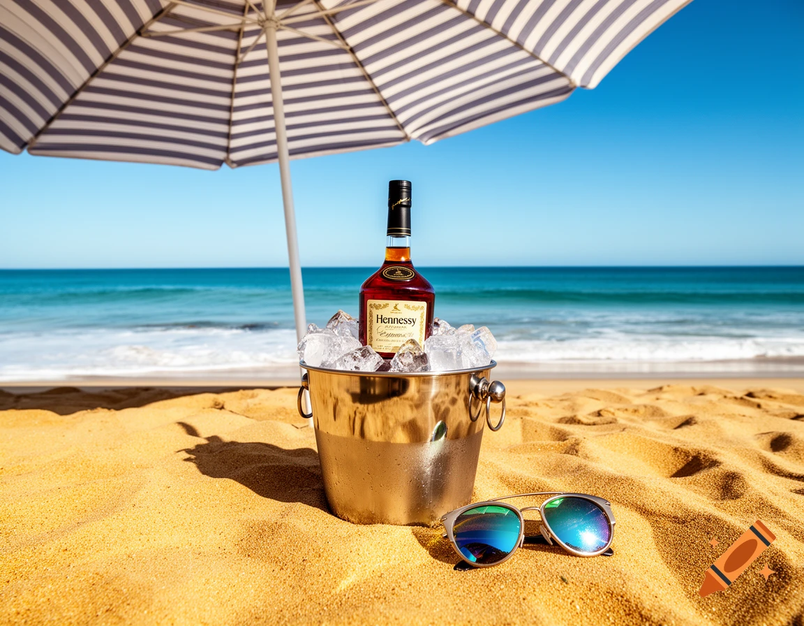 A bottle of Hennessy cognac in a metal ice bucket on a sandy beach under a striped umbrella, with sunglasses nearby and the ocean in the background, photorealistic.