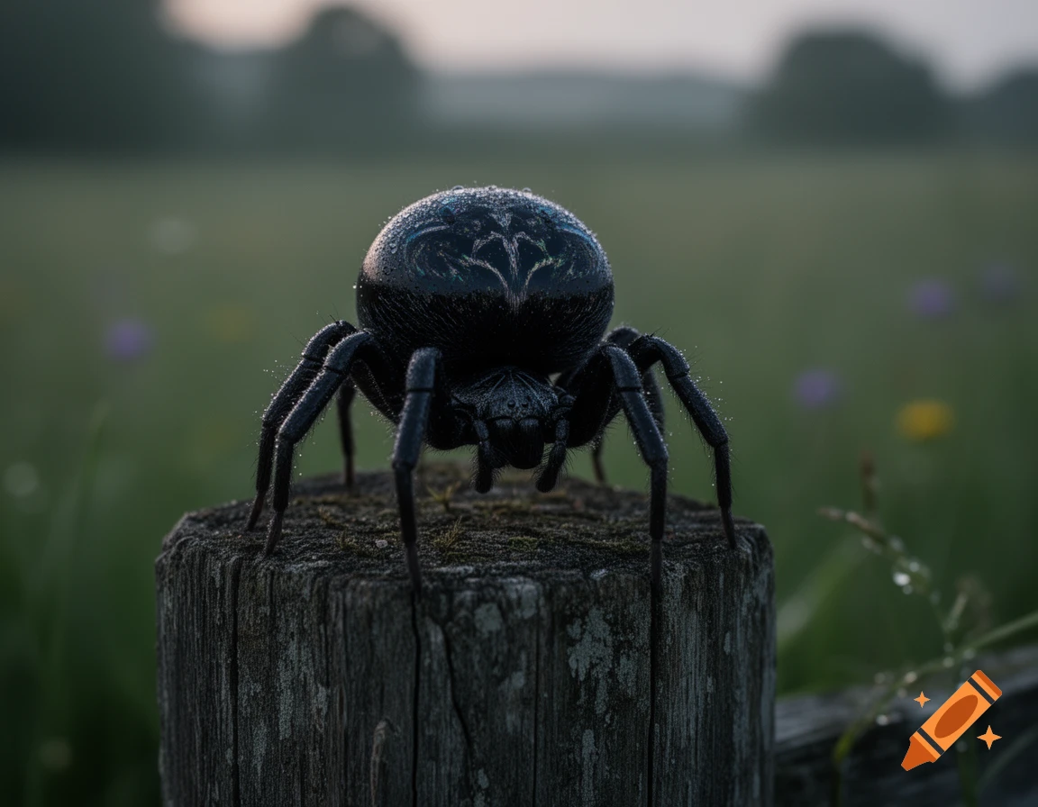 A black spider with a large, dew-covered abdomen sits on a weathered wooden post in a misty field, photorealistic.