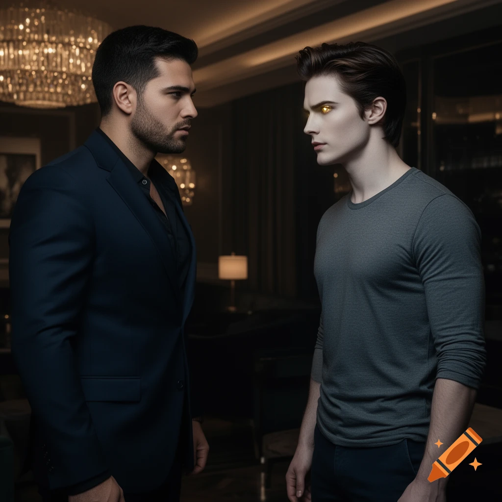 Two men face each other in a dimly lit, luxurious room. The man on the right has striking golden, glowing eyes. Photorealistic style.