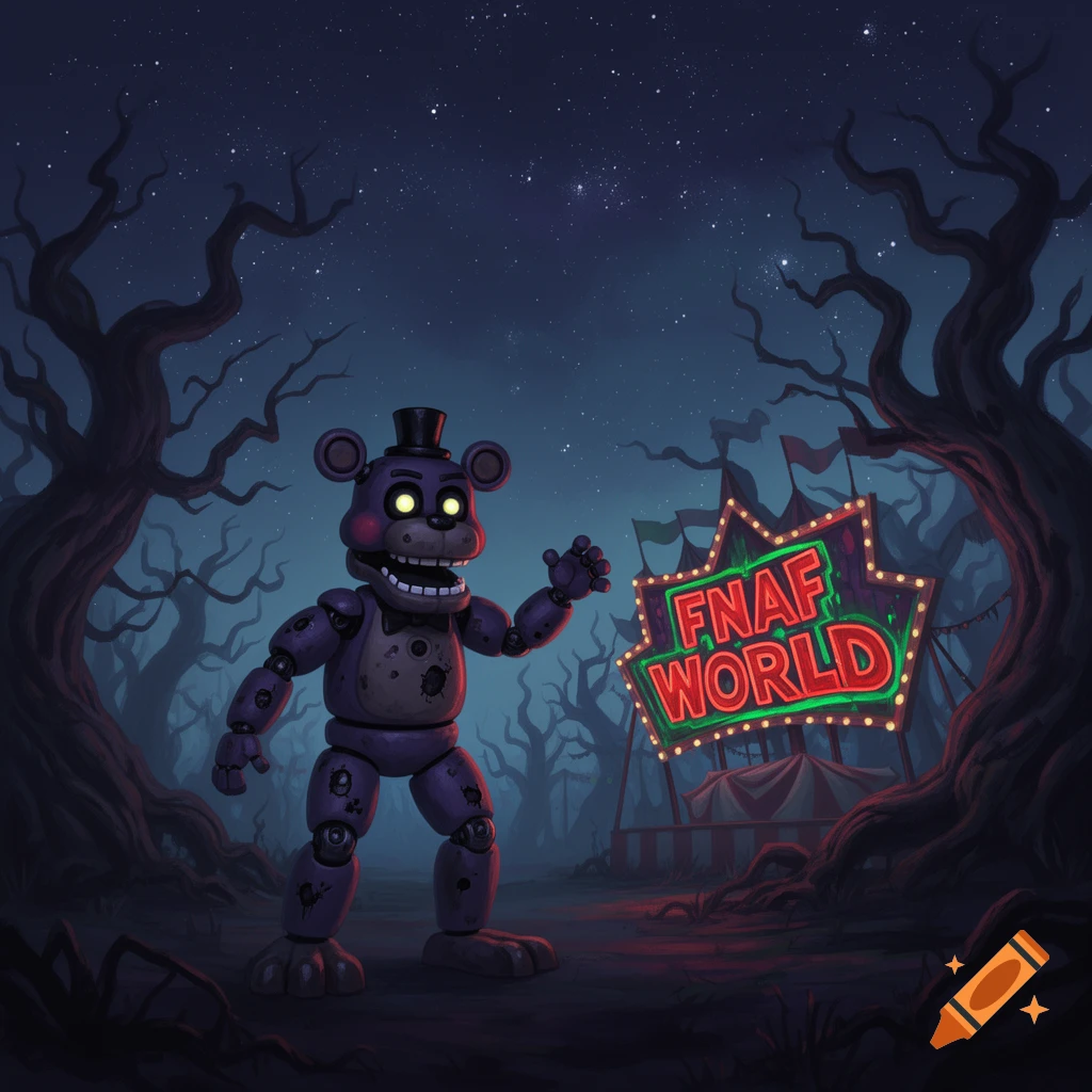 A purple animatronic bear in a dark, gnarled forest at night, beside a glowing 'FNAF WORLD' sign and carnival tent.