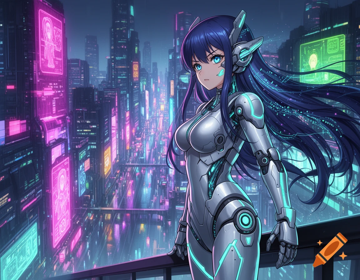 An anime girl with blue hair in a white and cyan futuristic suit, standing on a balcony overlooking a neon-lit cyberpunk city at night.