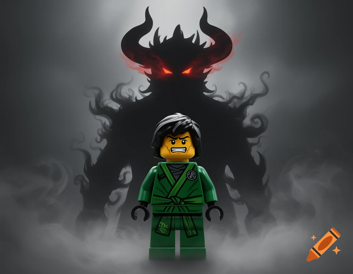 A green LEGO Ninjago minifigure of Lloyd Garmadon, looking angry, stands against a smoky dark background with a huge, horned shadow monster with glowing red eyes looming behind him.