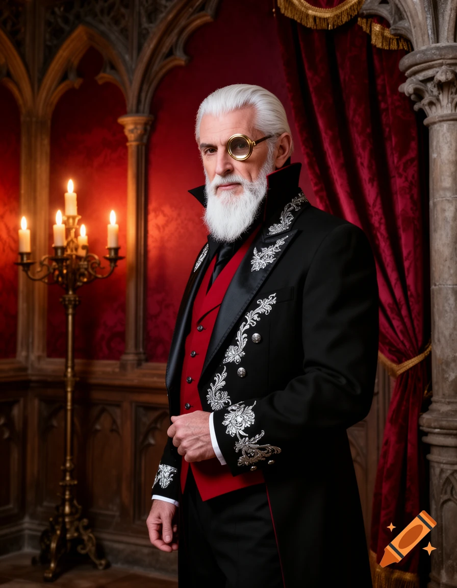 A distinguished man with a white beard and monocle, in a gothic black and red suit, standing in an ornate room.