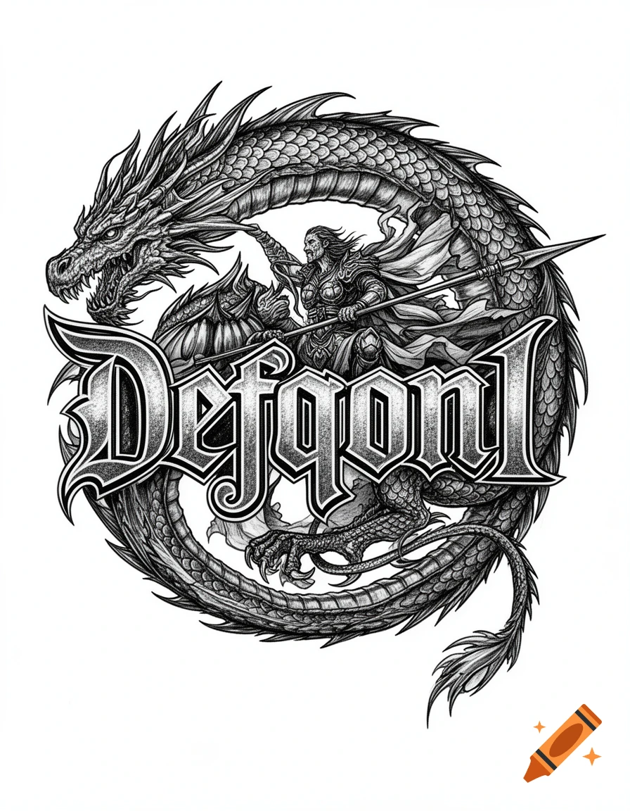 Black and white tattoo-style illustration of a warrior riding a coiled dragon with "Defqon 1" text.