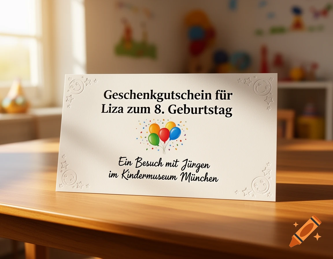 A gift voucher for an 8th birthday with balloons on a wooden table in a sunlit room.