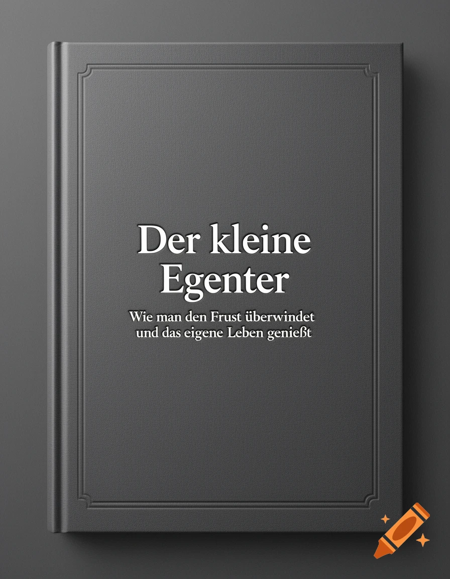 Photorealistic close-up of a dark gray book cover with the title 'Der kleine Egenter' and subtitle 'Wie man den Frust überwindet und das eigene Leben genießt' in white text.